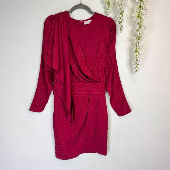 RONNY KOBO Shanaya puff shoulder satin mini dress faux wrap red - Picture 10 of 10